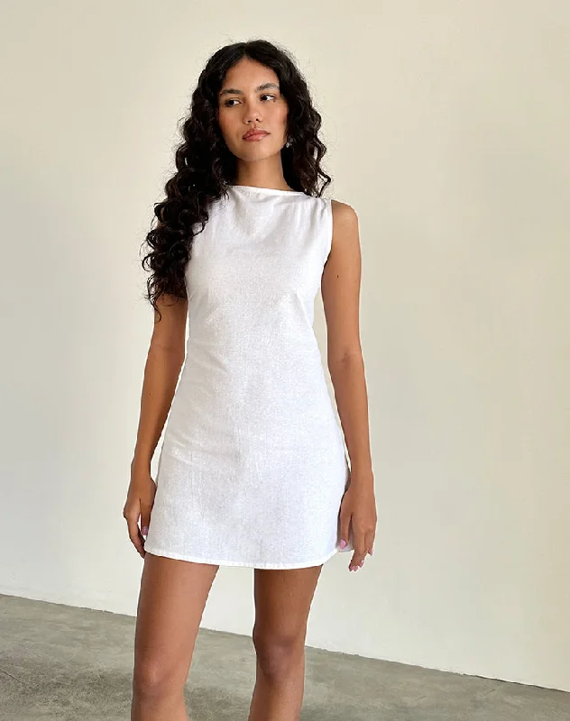 Ayana Open Back Mini Dress in Off White Linen