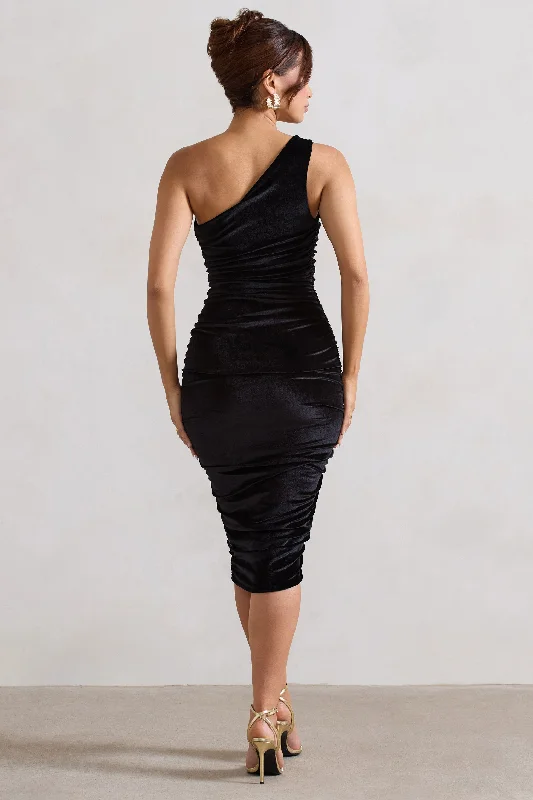 Back For More | Black Velvet One Shoulder Ruched Midi Dress