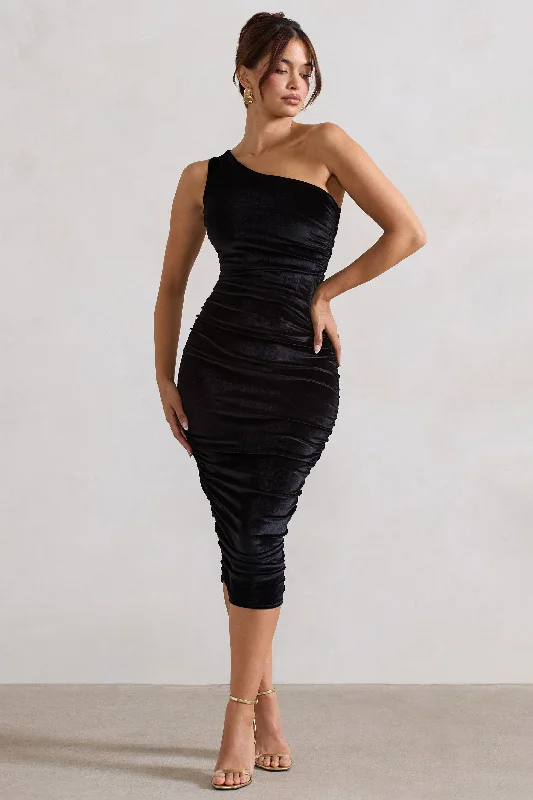 Back For More | Black Velvet One Shoulder Ruched Midi Dress