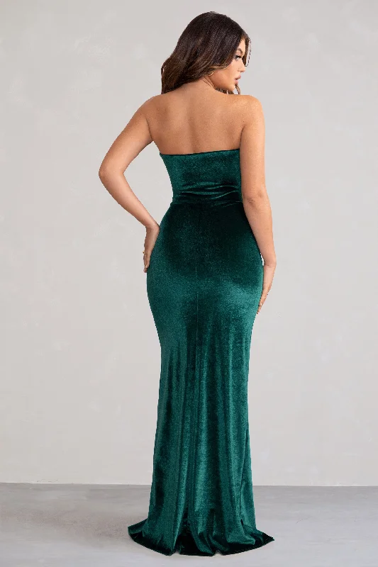 Belle Of The Ball | Bottle Green Velvet Bandeau Maxi Dress With Split Hem