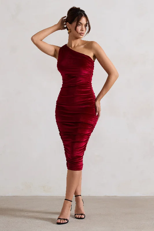 Back For More | Berry Velvet One Shoulder Ruched Midi Dress