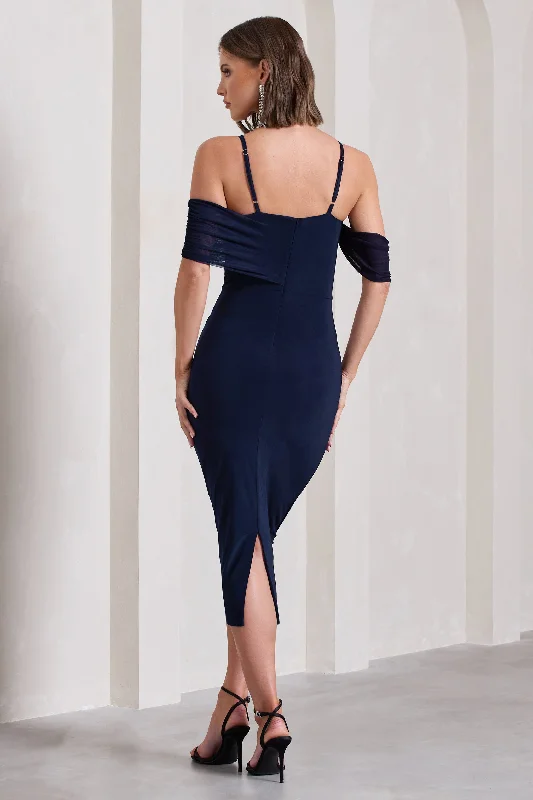 Bethan | Navy Bodycon Strappy Mesh Bardot Midi Dress