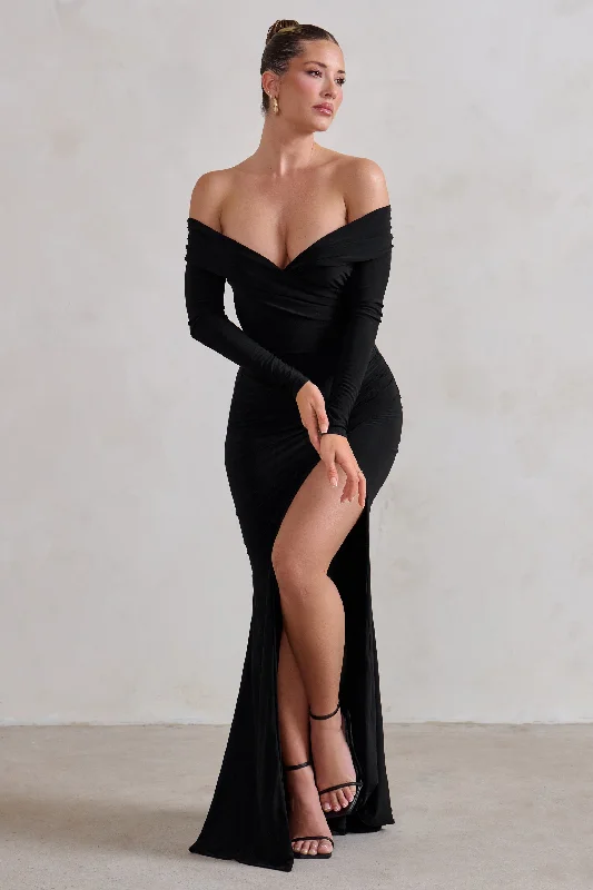 One Moment | Black Bardot Wrap Ruched Split Maxi Dress