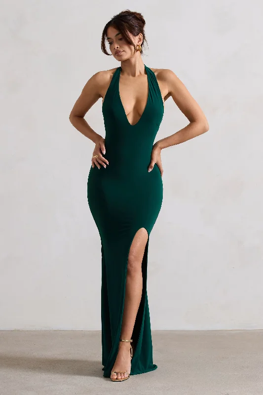 Glamour | Bottle Green Backless V Plunge Halter Neck Maxi Dress With Side Split