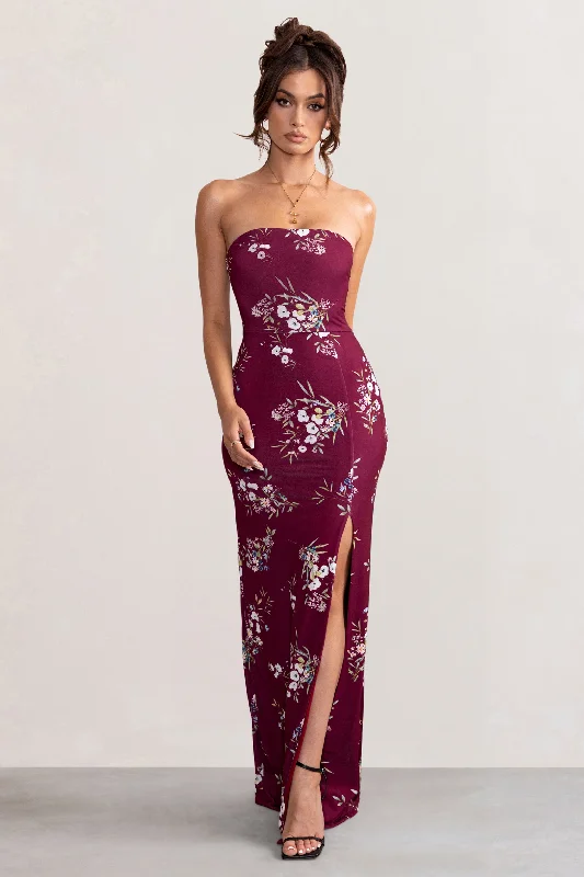 Camila | Burgundy Floral Print Strapless Maxi Dress With Thigh Split