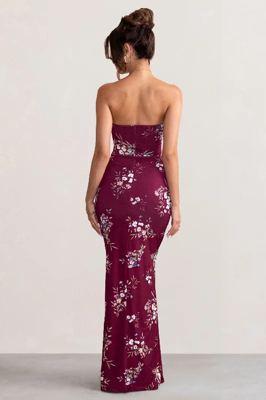 Camila | Burgundy Floral Print Strapless Maxi Dress With Thigh Split