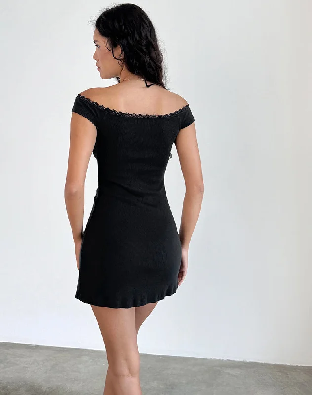 Chana Off Shoulder Mini Dress in Black Rib with Lace Trim