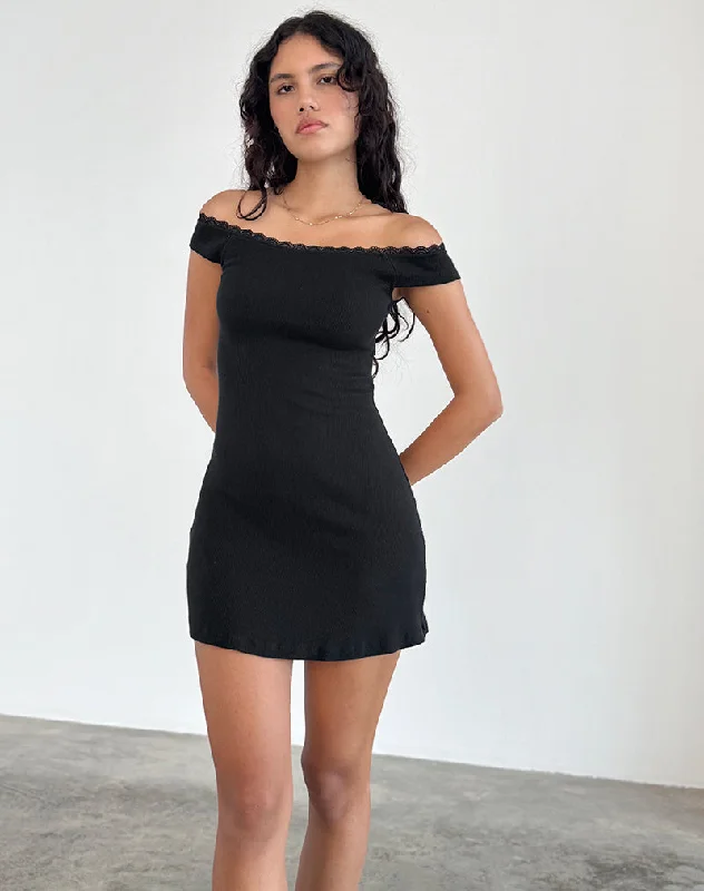 Chana Off Shoulder Mini Dress in Black Rib with Lace Trim