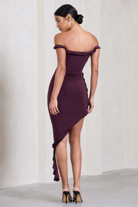 Deserted | Plum Bardot Frilled Asymmetric Midi Dress