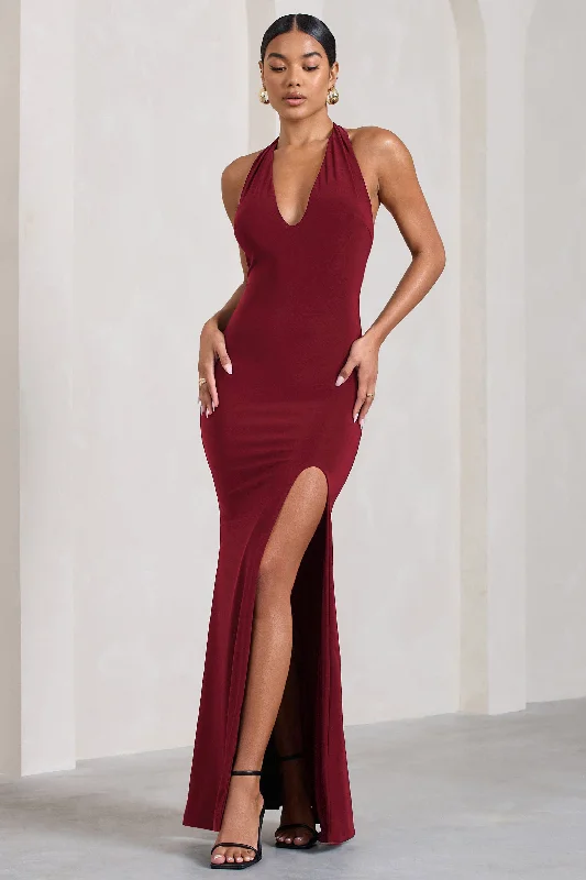 Glamour | Berry Backless V Plunge Halter Neck Maxi Dress With Side Split