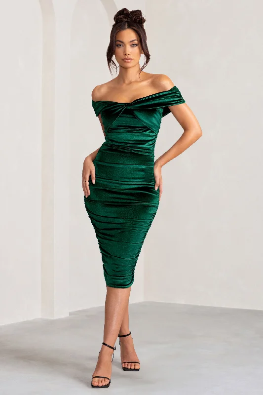 Gratitude | Bottle Green Velvet Off The Shoulder Ruched Midi Dress