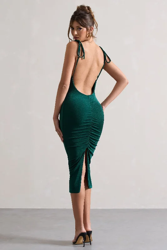 Irina | Bottle Green Cowl-Neck Bodycon Midi Dress