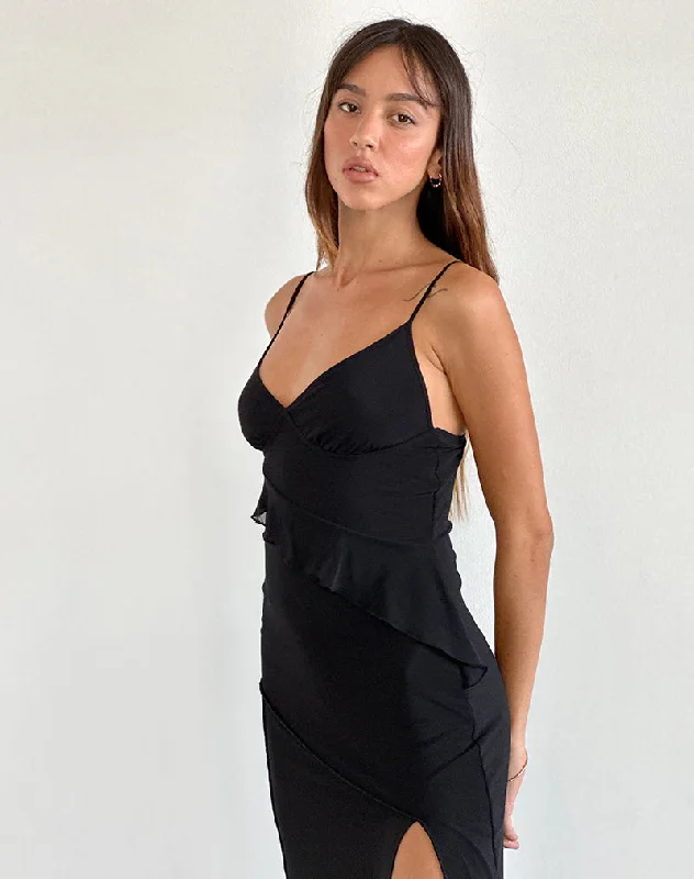 Jacy Ruffle Midi Dress in Mesh Black