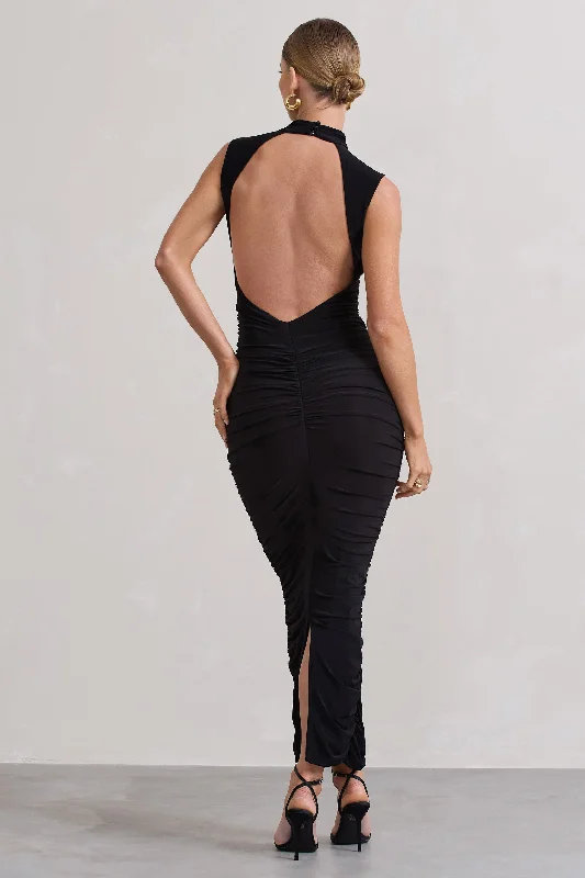 Jaded | Black Bodycon Ruched High-Neck Open-Back Maxi Dress