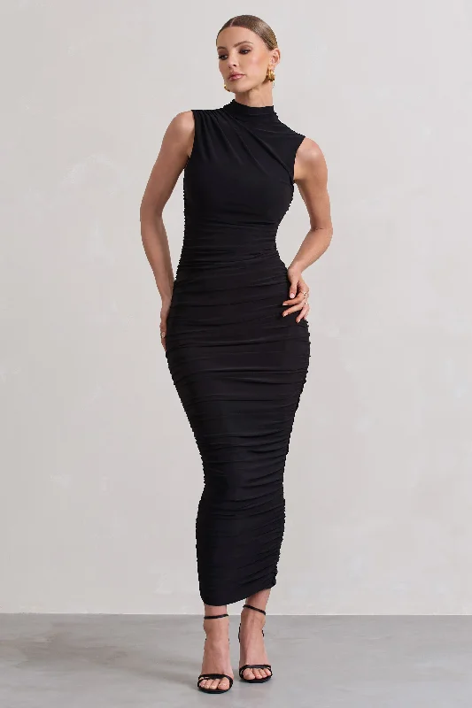 Jaded | Black Bodycon Ruched High-Neck Open-Back Maxi Dress