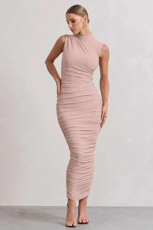 Jaded | Champagne Bodycon Ruched High-Neck Open-Back Maxi Dress