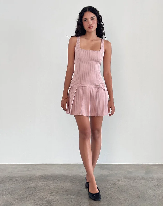 Jadzia Drop Waist Mini Dress in Blush Pinstripe