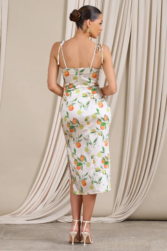 Lady Vitti | Lemon Print Satin Strappy Split Midi Dress