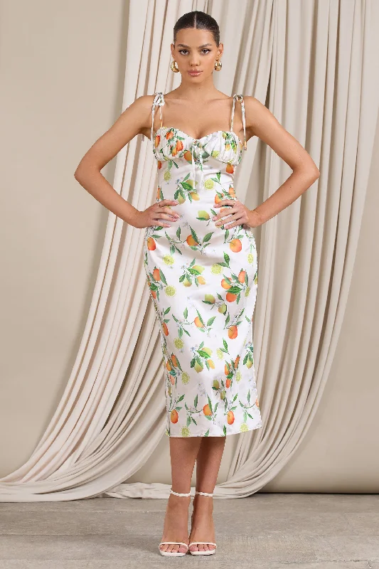 Lady Vitti | Lemon Print Satin Strappy Split Midi Dress