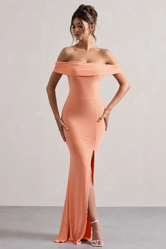 Law of Attraction | Coral Bardot Draped Split Maxi Dress