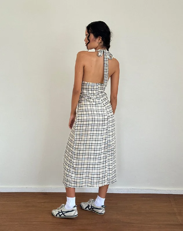 Lenata Halterneck Midi Dress in Pastel Blue Tartan