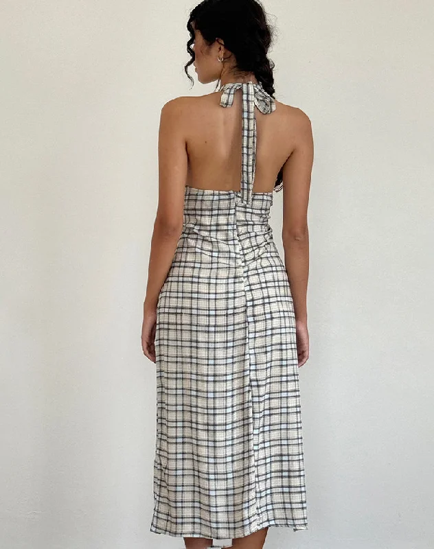 Lenata Halterneck Midi Dress in Pastel Blue Tartan