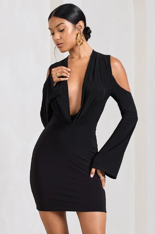 Let's Escape | Black Cowl-Neck Cut-Out Long-Sleeved Mini Dress