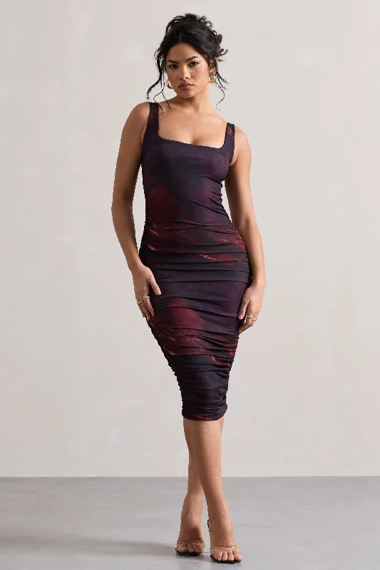 Lisbon | Plum Print Square Neck Ruched Midi Dress