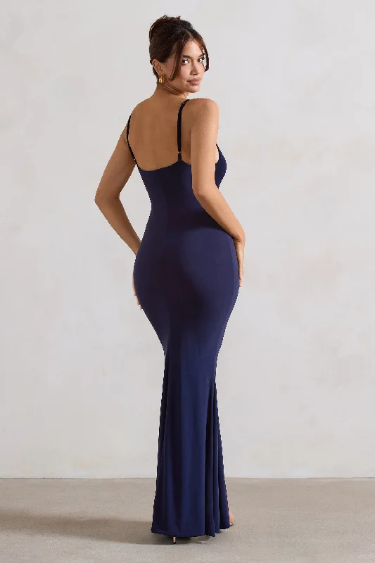 Love Shy | Navy Plunge Neck Maxi Dress With Split Detail