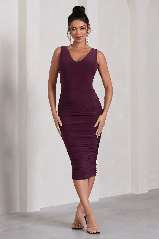 Out Of Love | Plum Ruched Bodycon Plunge-Neck Midi Dress