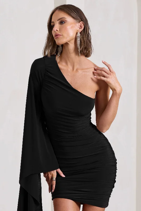 Palmer | Black Ruched One-Shoulder Asymmetric Mini Dress With Cape Sleeve