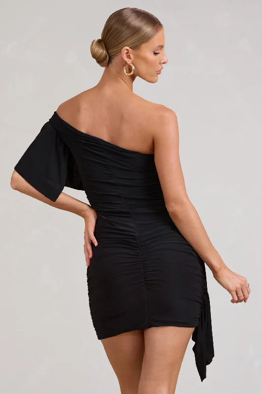 Parfait | Black Asymmetric Ruched Mini Dress With Statement Ruffles