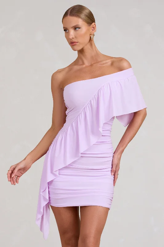 Parfait | Lilac Asymmetric Ruched Mini Dress With Statement Ruffles