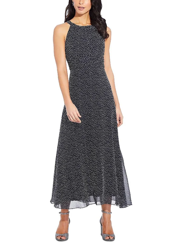 Petites Womens Chiffon Polka Dot Maxi Dress