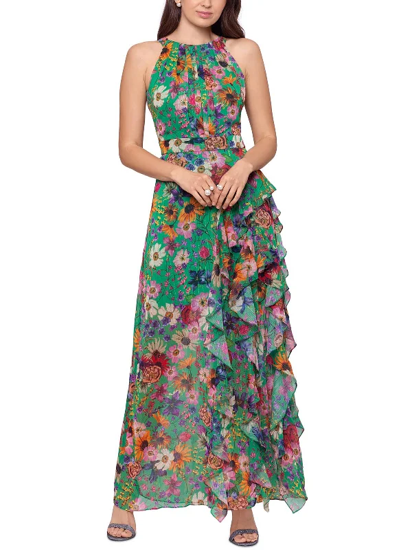 Petites Womens Floral Long Halter Dress