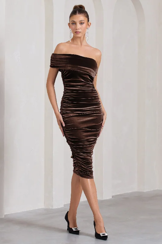 Remember Me | Chocolate Velvet Ruched Asymmetric Bodycon Midi Dress