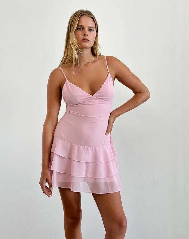 Riasi Ruffle Mini Dress in Chiffon Baby Pink