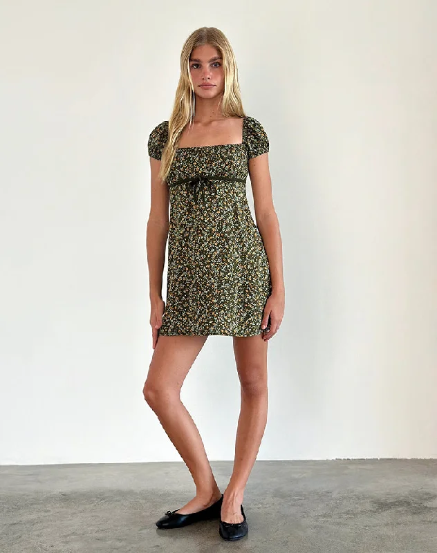 Savio Mini Dress in Grunge Floral Khaki