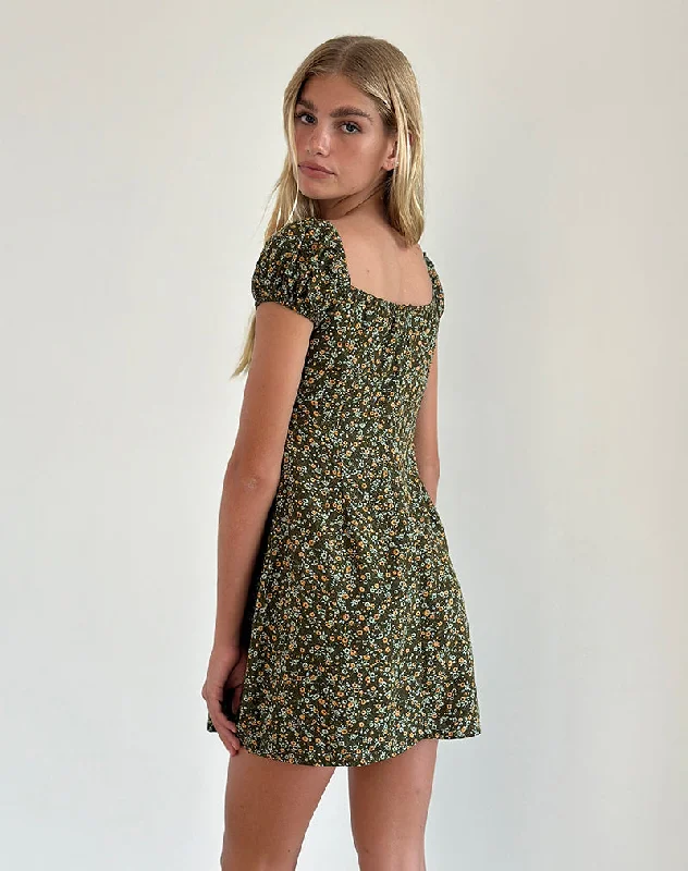 Savio Mini Dress in Grunge Floral Khaki