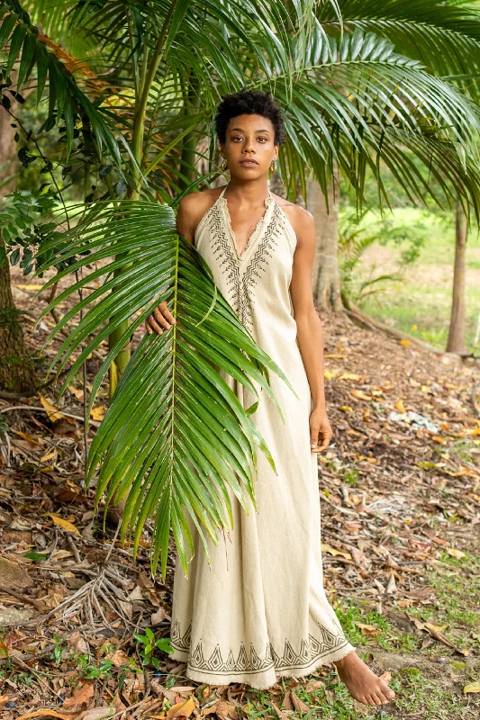 SELENA Long Dress Goddess Beige Maxi Open Back Cotton Festival Boho Naturally Dyed Block Printed Tribal Hippie Patterns Earthy AJJAYA