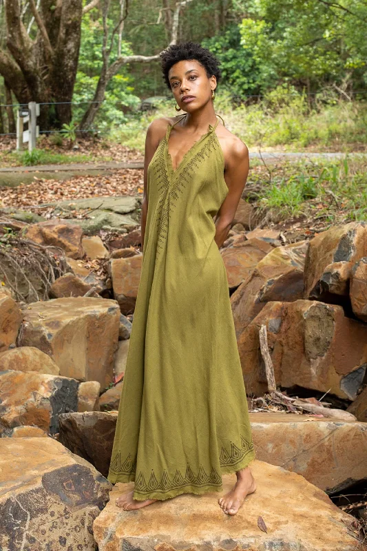 SELENA Long Dress Goddess Olive Green Maxi Open Back Cotton Festival Boho Naturally Dyed Block Printed Tribal Hippie Patterns Earthy AJJAYA