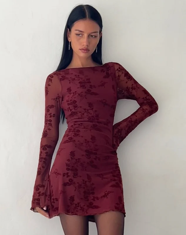 Sevila Long Sleeve Mini Dress in Flocked Botanical Flower Maroon