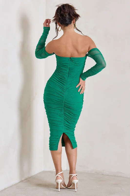 Sorella | Green Ruched Mesh Bardot Midi Dress