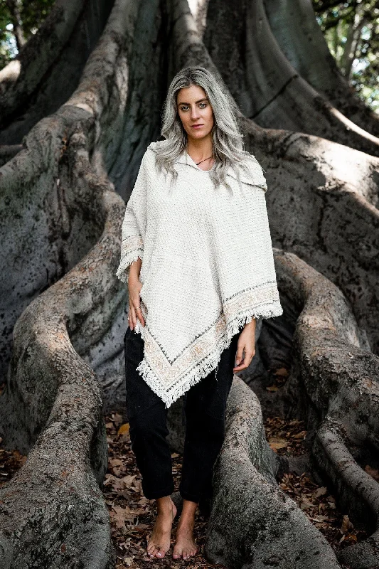 VECHO Beige Womens Hooded Vegan Poncho Textured Cotton with Hood Block Printed Tribal Pattern Gypsy Festival Boho ceremony ritual AJJAYA