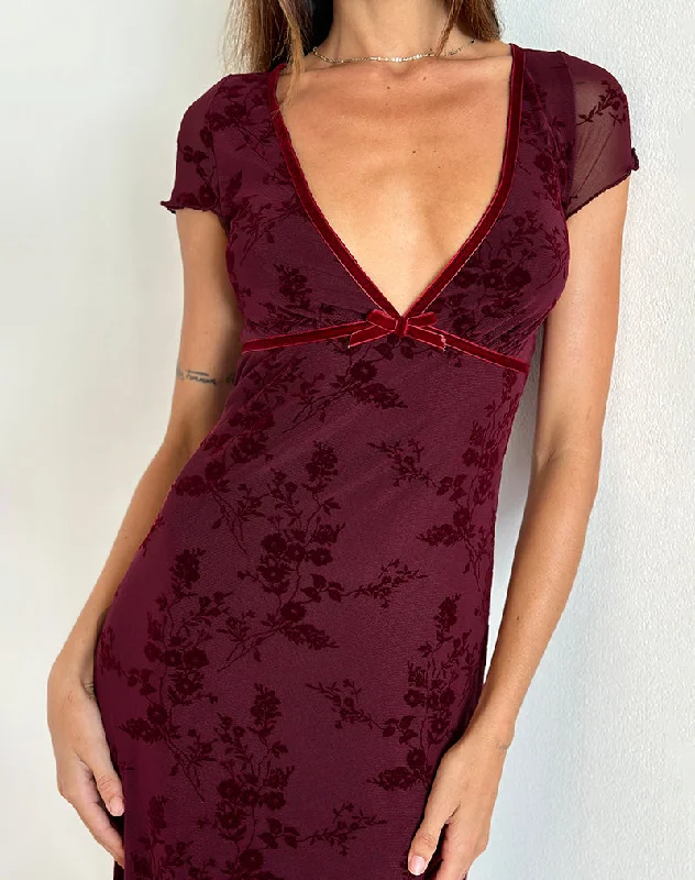 Vilinia Midi Dress in Botanical Flower Maroon