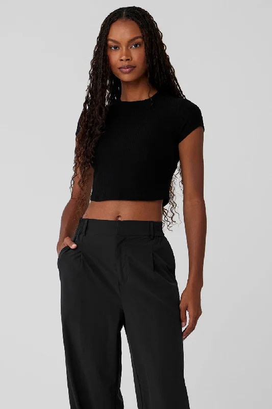 Ribbed Sea Coast Cropped Short Sleeve Tee - Black