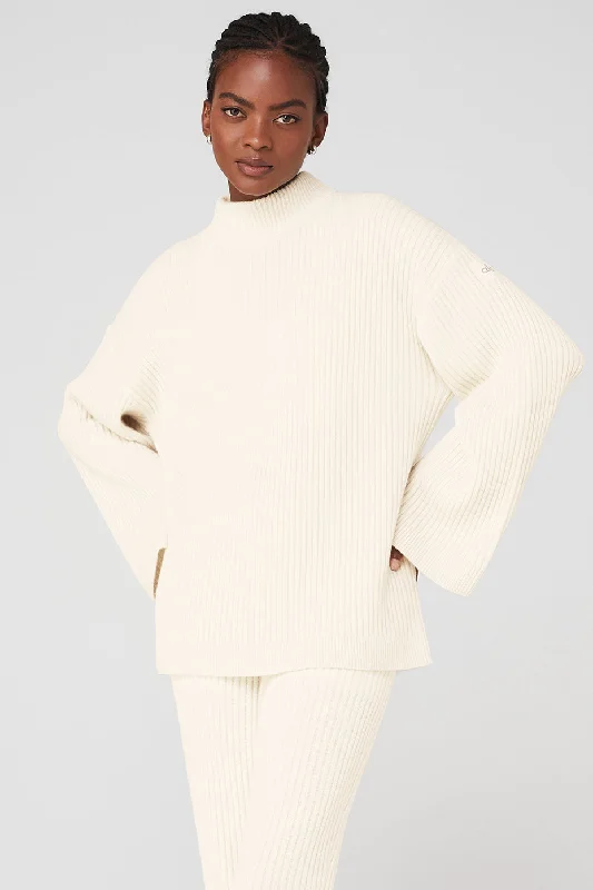 Cashmere Ribbed Winter Dream Mock Neck Coverup - Ivory