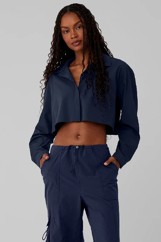 Cropped Take Me Out Button Up - Navy