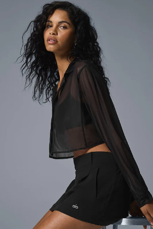 Sheer Cropped Take Me Out Button Up - Black