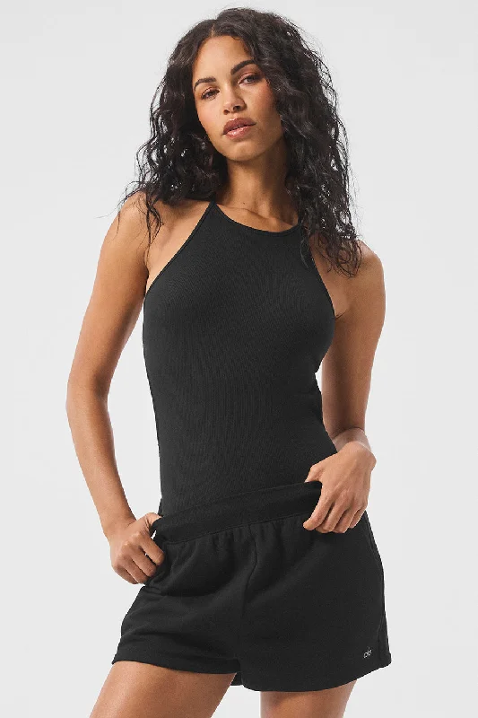 Ribbed Half-Court Bodysuit - Black